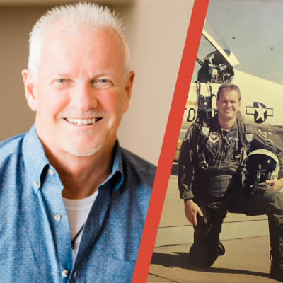 Two photos of Don Gerard split by a red stripe. On left, a current headshot. On right, 1980's Don in front of a jet in Air Force